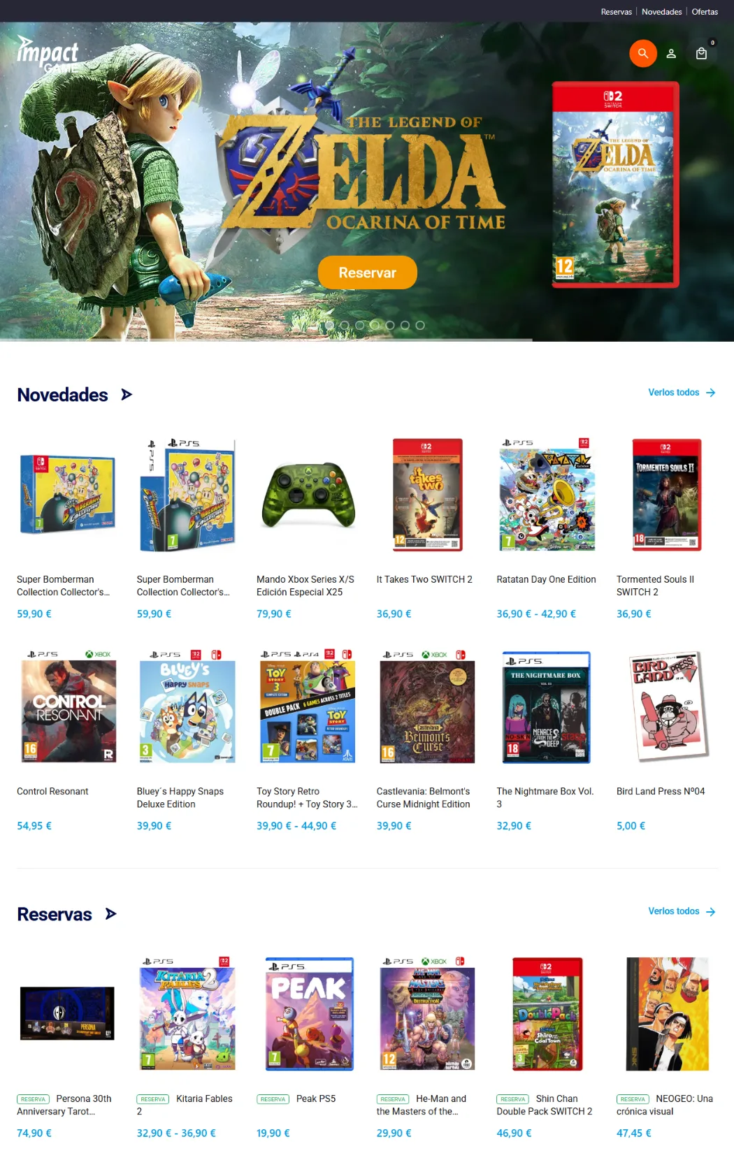 Home de la tienda Impact Game en escritorio: la reserva de The Legend of Zelda Ocarina of Time para Switch 2 en el slider, novedades y categorías