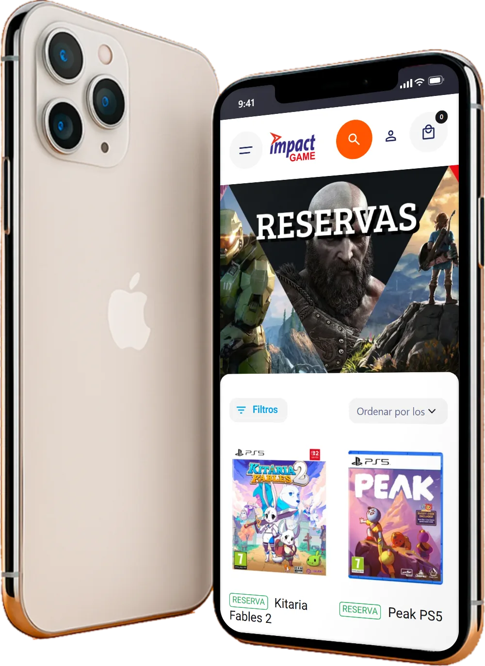 Dos iPhone, uno de ellos con la categoría Reservas de Impact Game en pantalla