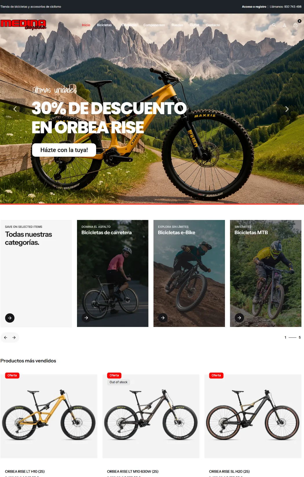 Home de Medina Bicis en escritorio: una Orbea Rise amarilla en el slider, las categorías de carretera, e-Bike y MTB y los productos más vendidos con la etiqueta Oferta
