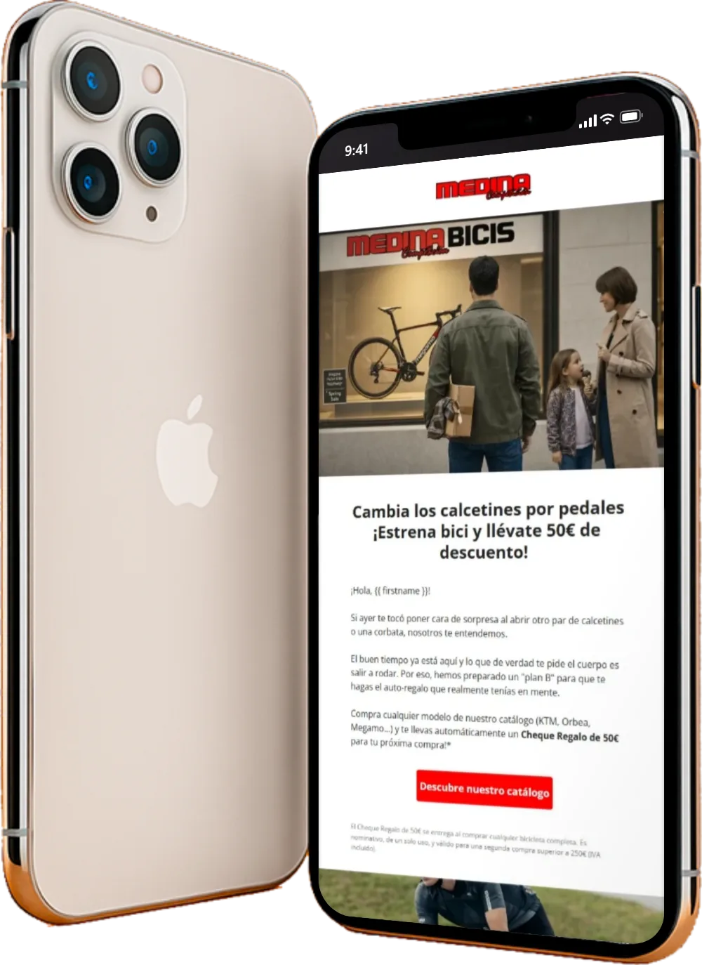 Dos iPhone, un d’ells amb el butlletí mensual de Medina Bicis a la pantalla: xec regal de 50 euros en comprar una bicicleta